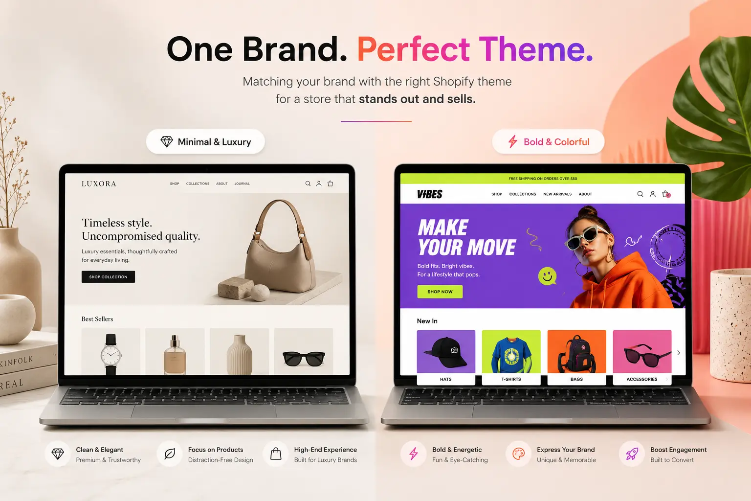 Comparison of minimalist versus bold Shopify theme styles