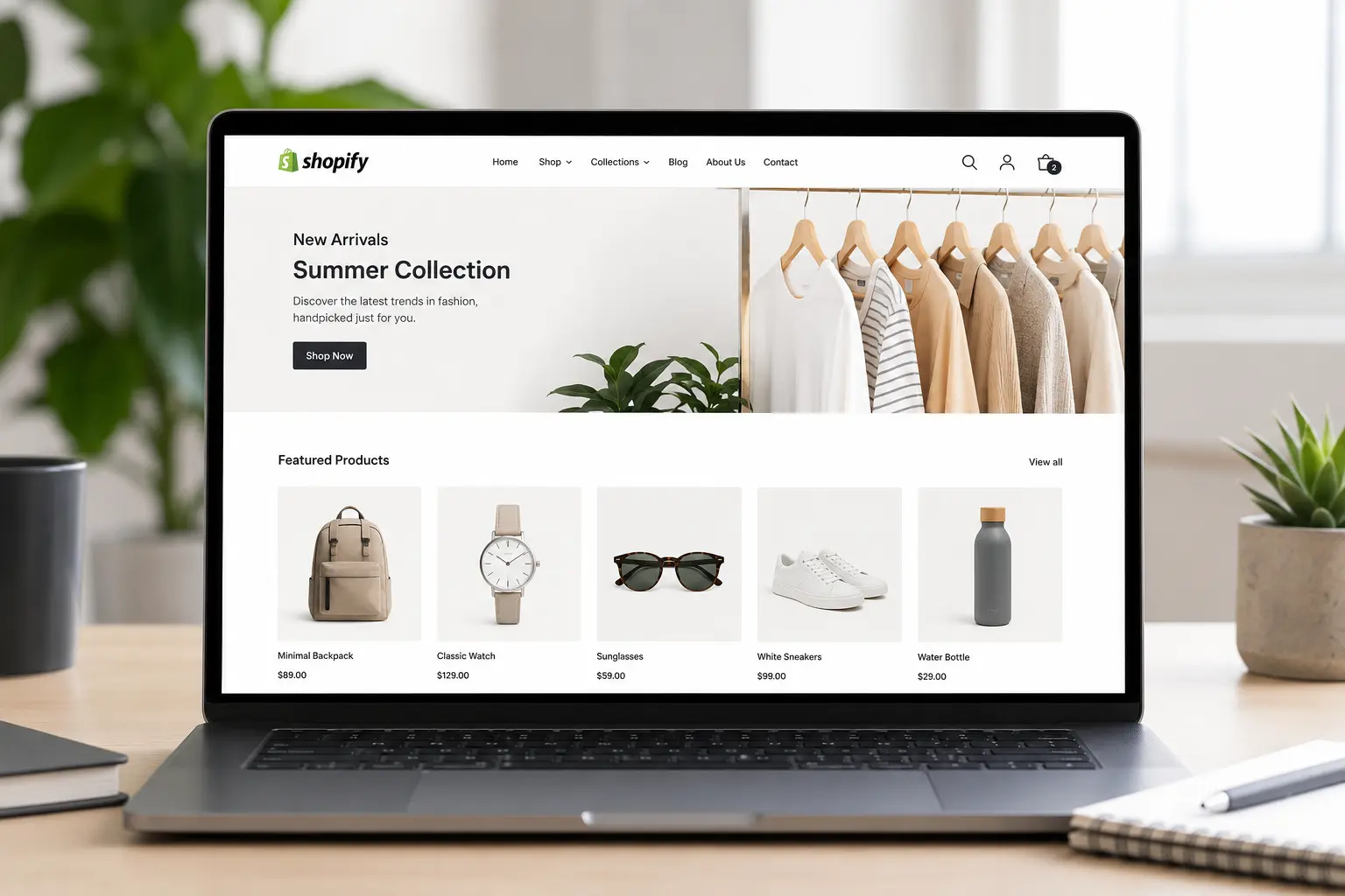 Shopify store homepage displayed on a laptop screen